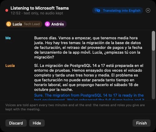 Quill's live panel during a meeting in Spanish: each sentence with its English translation underneath, and the voices of Lucía (Tech Lead) and Andrés.