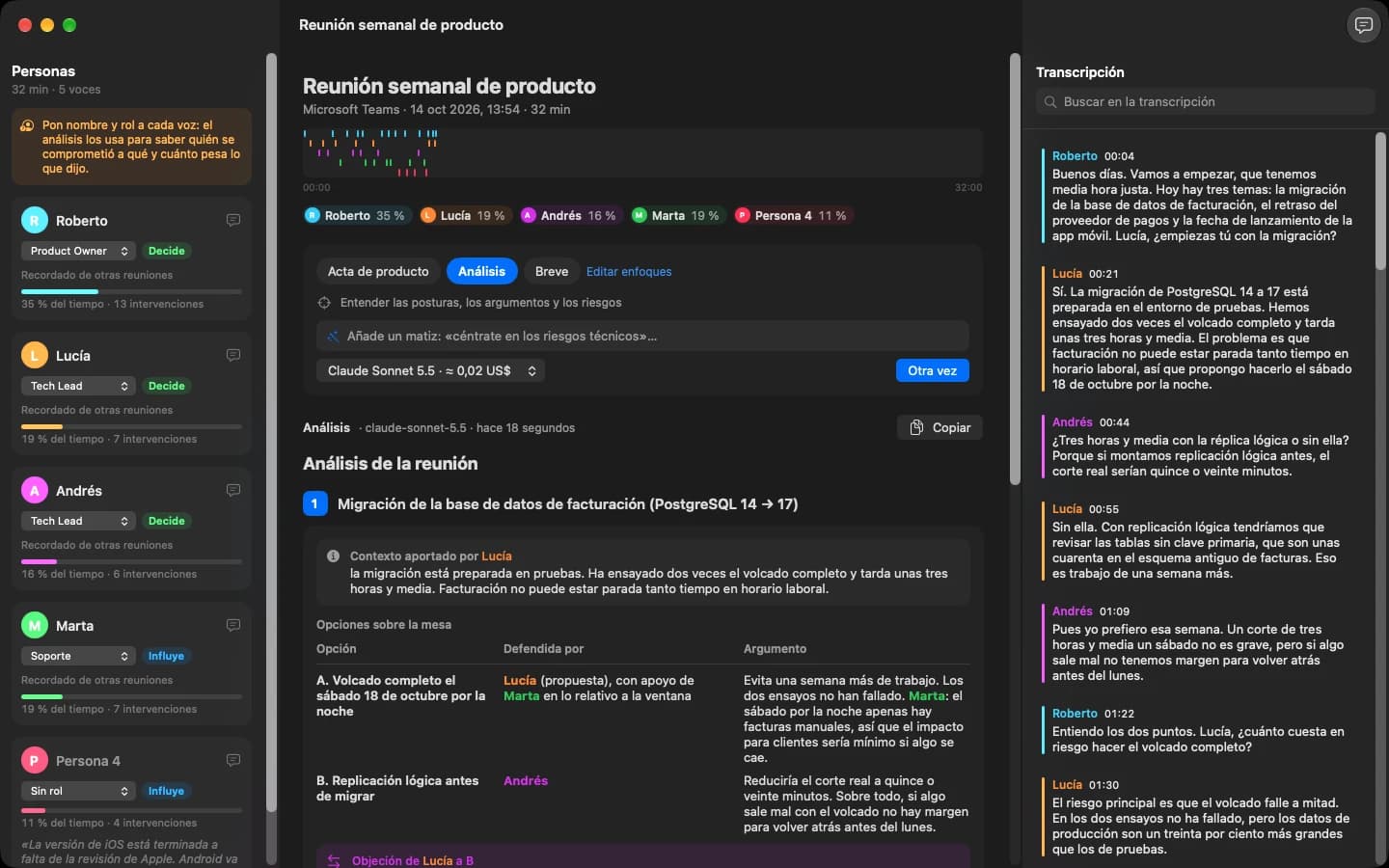Una reunión en Quill al terminar: las personas con su rol, el análisis con las opciones sobre la mesa y quién defendió cada una, y la transcripción.